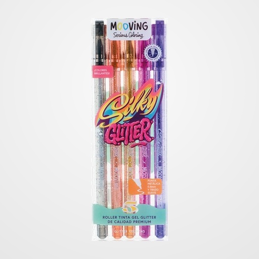 ROLLER GEL MOOVING 0,8mm COLORES GLITTER BOLSA de 5