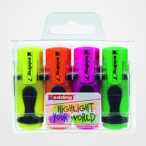 MARCADOR FLUOR EDDING 7 MINI ESTUCHE DE 4 COLORES (amarillo, naranja, rosa y verde)