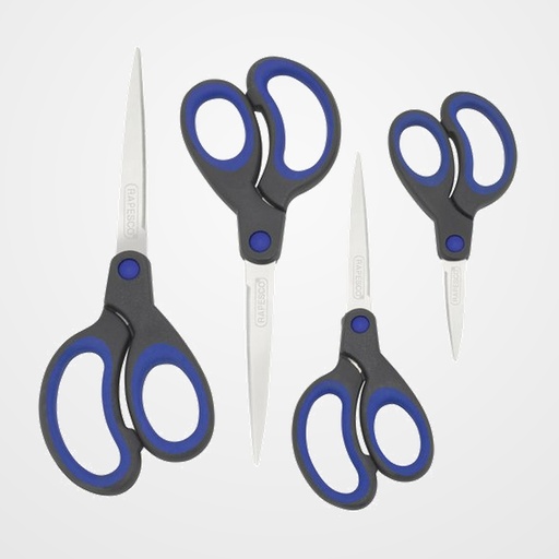 TIJERAS RAPESCO CON MANGO SUAVE VARIOS TAMAÑOS PAQUETE de 4 AZUL
