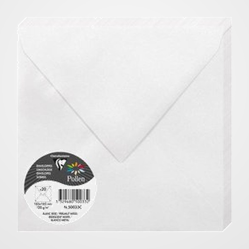 SOBRE CLAIREFONTAINE POLLEN 165x165 120g BLANCO METALIZADO PAQUETE DE 20