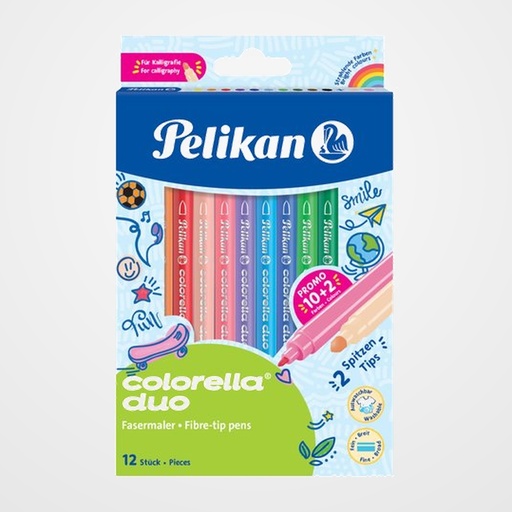 ROTULADOR FIBRA PELIKAN COLORELLA DUO (DOBLE PUNTA - GRUESA/FINA) ESTUCHE de 12 (813846)