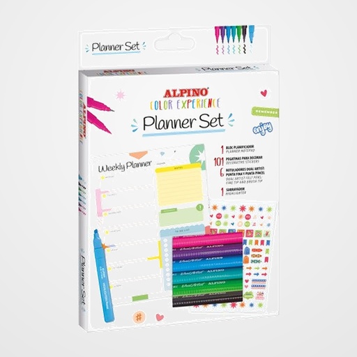 SET PLANNER COLOR EXPERIENCE (6 rotuladores de punta pincel + 1 subrayador + bloc planificador + 101 pegatinas para decorar)
