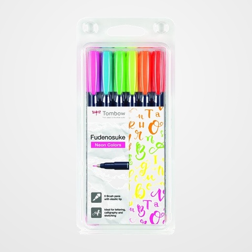 ROTULADOR TOMBOW CALIGRAFIA FUDENOSUKE PUNTA DURA ESTUCHE DE 6 (Colores neon: rosa, amarillo, verde, naranja, rojo y azul)