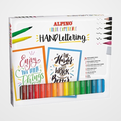 ROTULADOR FIBRA ALPINO COLOR EXPERIENCE HAND LETTERING KIT de 30  1x rotuladores super pincel  1x rotulador punta fina 0.7mm  1x rotulador punta media 3.4mm  1x rotulador de doble punta  1x lapiz de grafito  1x goma 24x rotuladores punta pincel
