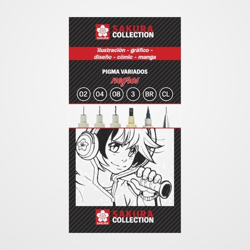 ROTULADOR CALIBRADO SAKURA MANGA e ILUSTRACION SURTIDO NEGROS CAJA de 6 (Pigma Micron 0.2,0.4,0.8 + Pigma Graphic 0.3 + Pigma Brush, Portaminas)
