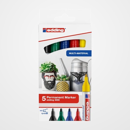 MARCADOR PERMANENTE EDDING 3000 CONICO COLORES BASICOS estuche de 5 (negro, rojo, azul, verde, amarillo)