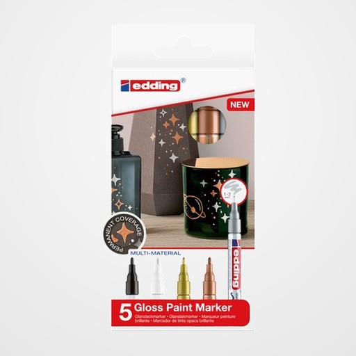 MARCADOR T.OPACA PERM. EDDING  751 CONICO BLISTER DE 5 (negro, blanco, oro, cobre y plata)