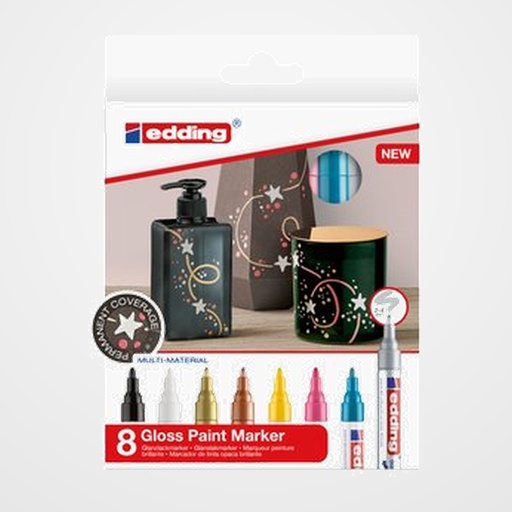 MARCADOR T.OPACA PERM. EDDING  751 CONICO BLISTER DE 8 (negro, blanco, oro, plata, verde pastel, azul celeste, amarillo pastel y rosa pastel)