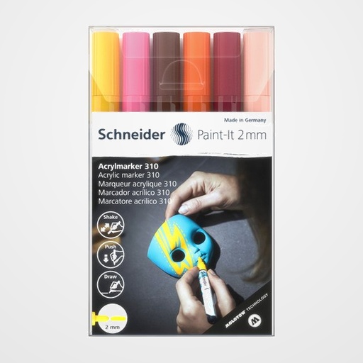 MARCADOR ACRYLIC SCHNEIDER PAINT-IT 310 CONICO (2 mm) ESTUCHE de 6 (amarillo, fucsia, marrón, naranja, borgoña, albaricoque)