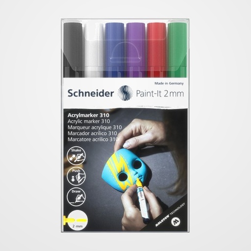 MARCADOR ACRYLIC SCHNEIDER PAINT-IT 310 CONICO (2 mm) ESTUCHE de 6 (negro, blanco, azul, violeta, rojo, verde)