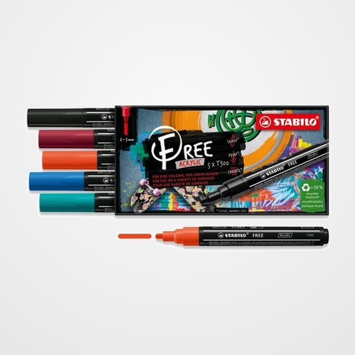 MARCADOR ACRYLIC STABILO FREE T300 ARTY LINE 2-3 mm SET URBAN ESTUCHE DE 5 (turquesa, azul, rojo claro, purpura y negro)