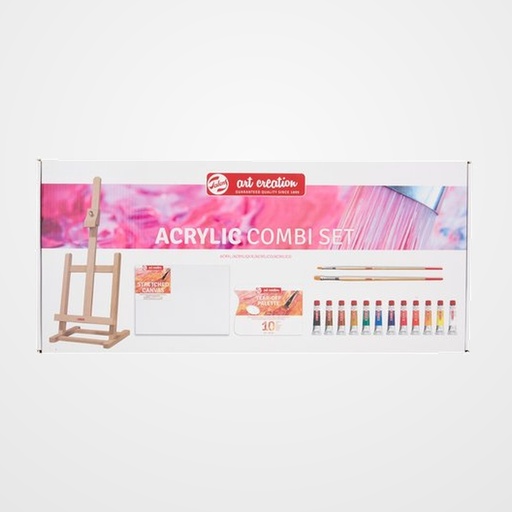 PINTURA ACRILICA TALENS ART CREATION SET de INICIACION 12x Colores 12 ml (tubo)  1x Caballete de sobremesa  1x Paleta de papel desechable  1x Bastidor entelado 24 x 30 cm  2x Pinceles