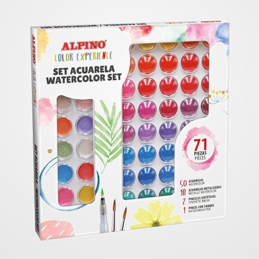 ACUARELAS COLOR EXPERIENCE SET de 71  50 acuarelas 18 acuarelas metalizadas  2 pinceles   1 pincel con deposito
