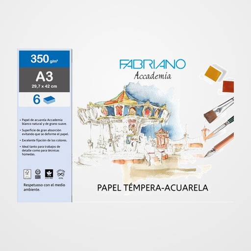 LAMINA FABRIANO ACUARELA 350 gr. A3 BOLSA DE 6