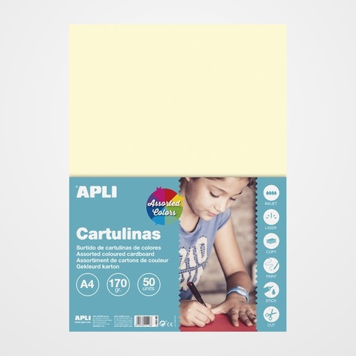 CARTULINA A4 APLI 170gr PAQUETE DE 50 HOJAS. COLORES PASTEL SURTIDOS