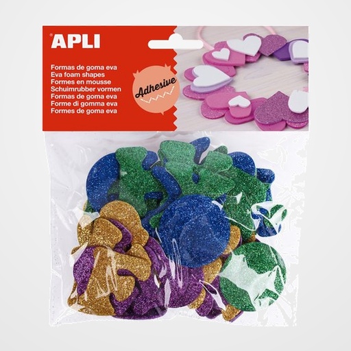 GOMA EVA APLI FORMAS ADHESIVAS con PURPURINA ALFABETO COLOR BOLSA de 52