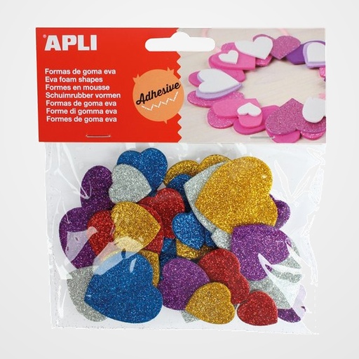 GOMA EVA APLI FORMAS ADHESIVAS con PURPURINA CORAZON COLOR BOLSA de 50
