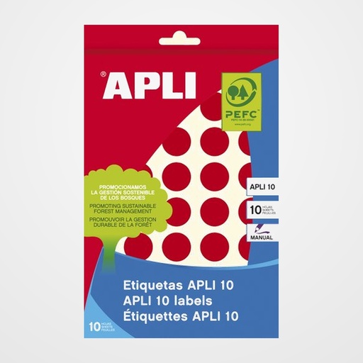 ETIQUETAS ADH.MANUALES BOLSA APLI COLOR ROJO 8h REDONDAS Ø 19 mm 320 uds.(02744)
