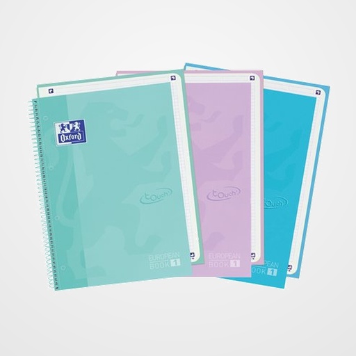 BLOC OXFORD EUROPEANBOOK 1 TOUCH micro.tapa EXTRA A4 80h CUAD. 5x5 PACK de 3 (3 col. PASTEL)