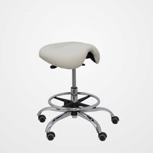TABURETE PIQUERAS Y CRESPO ALATOZ CLINICO GIRATORIO ERGOMICO MECANISMO BASCULANTE REGULABLE EN ALTURA con ARO REPOSAPIES RUEDAS de NYLON y ASIENTO TAPIZADO SIMILPIEL GRIS CLARO