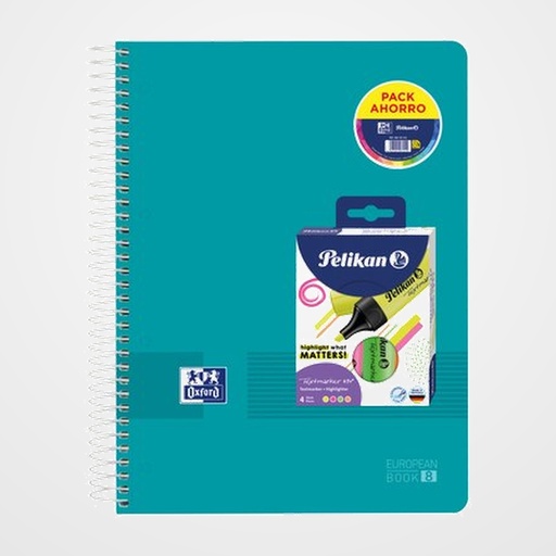 BLOC OXFORD SCHOOL EU.BOOK 8 LIVE&GO micro.tapa PP A4+ 160h CUADRIC.5x5 90g SURTIDO (5 col.) + MARCADOR FLUOR PELIKAN TEXTMARKER 490 NEON PACK DE 4 (PACK AHORRO)