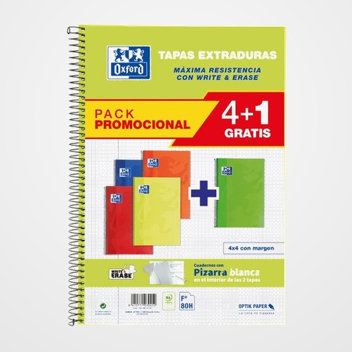 BLOC OXFORD SCHOOL tapa EXTRA Fº 80h CUADRIC.4x4 90g PACK 4+1 (col. vivos)