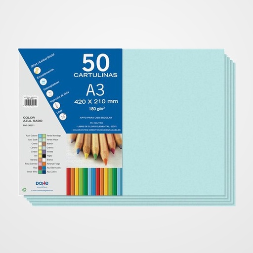 CARTULINA A3 DOHE 180g AZUL SADO PAQUETE de 50