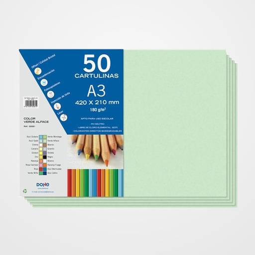 CARTULINA A3 DOHE 180g VERDE ALFACE PAQUETE de 50