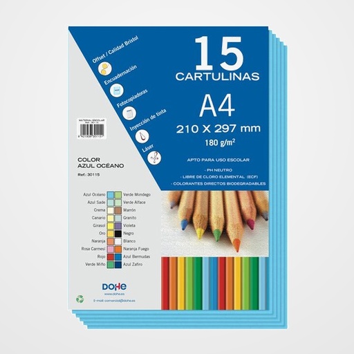 CARTULINA A4 DOHE 180g AZUL OCEANO PAQUETE de 15