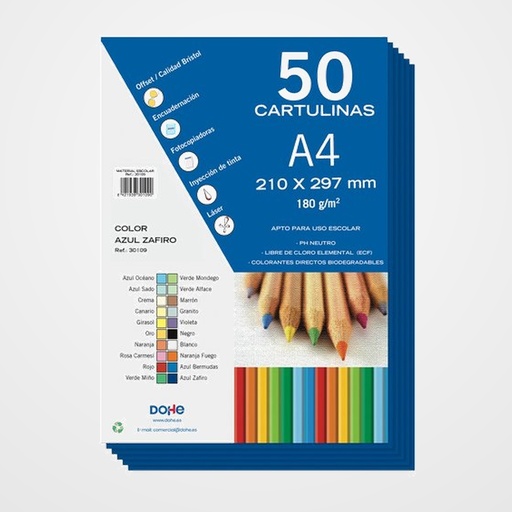 CARTULINA A4 DOHE 180g AZUL ZAFIRO PAQUETE de 50