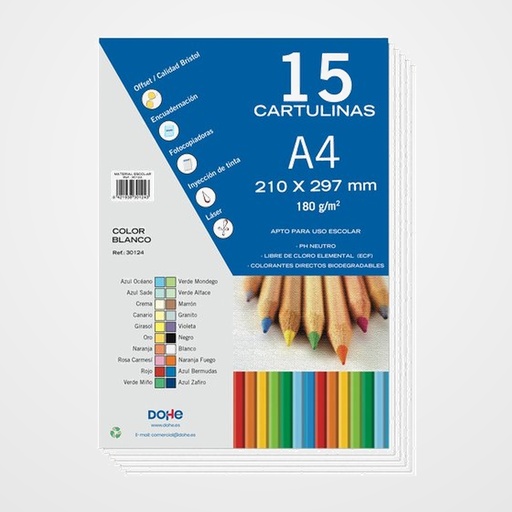 CARTULINA A4 DOHE 180g BLANCO PAQUETE de 15