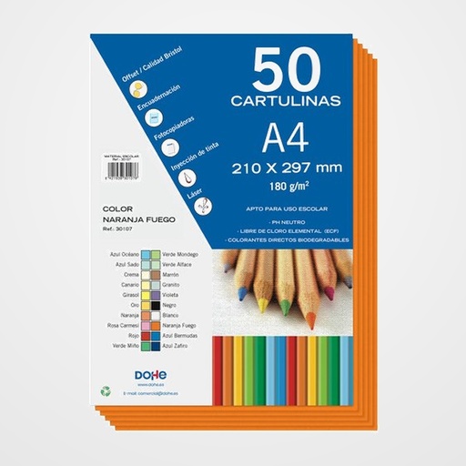 CARTULINA A4 DOHE 180g NARANJA FUEGO PAQUETE de 50