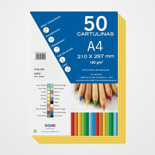 CARTULINA A4 DOHE 180g ORO PAQUETE de 50