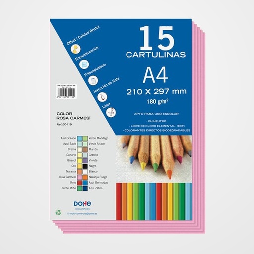 CARTULINA A4 DOHE 180g ROSA CARMESI PAQUETE de 15