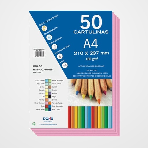 CARTULINA A4 DOHE 180g ROSA CARMESI PAQUETE de 50