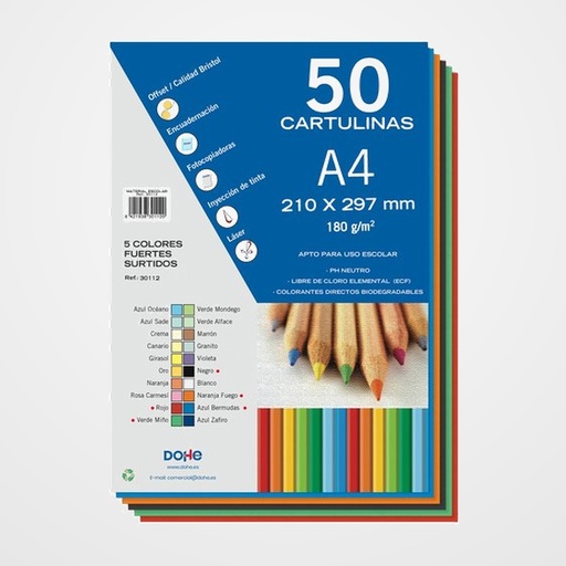 CARTULINA A4 DOHE 180g SURTIDO FUERTE PAQUETE de 50 (Rojo, Verde Miño, Naranja Fuego, Negro, Azul Bermudas)