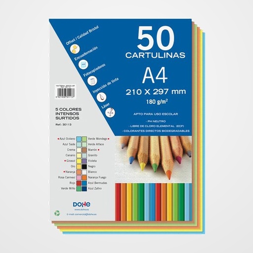 CARTULINA A4 DOHE 180g SURTIDO INTENSO PAQUETE de 50 (Azul Oceano, Girasol, Naranja, Verde Mondego, Marron)