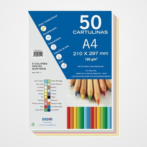 CARTULINA A4 DOHE 180g SURTIDO PASTEL PAQUETE de 50 (Crema, Canario, Rosa Carmesi, Verde Alface, Blanco)