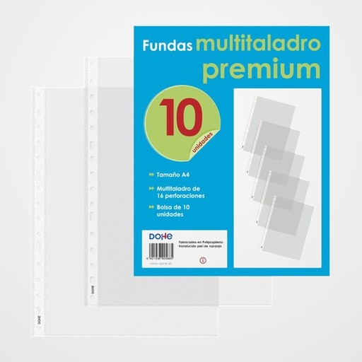 FUNDA MULTITALADRO DOHE PREMIUM PP 80µ PL.NJ. A4 16 TAL.RFZO. PAQUETE de 10