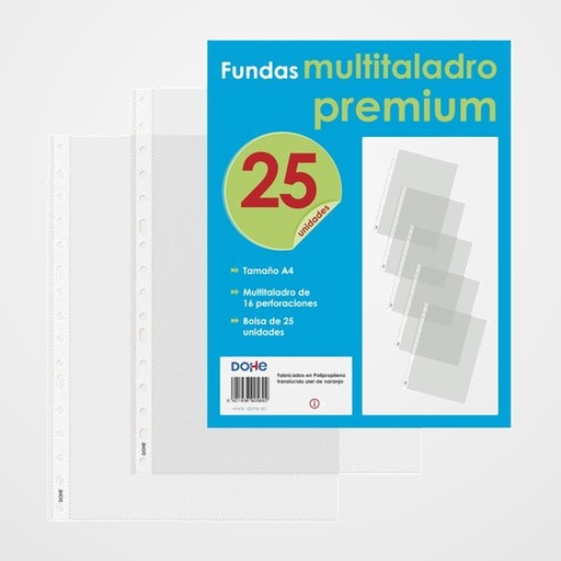 FUNDA MULTITALADRO DOHE PREMIUM PP 80µ PL.NJ. A4 16 TAL.RFZO. PAQUETE de 25