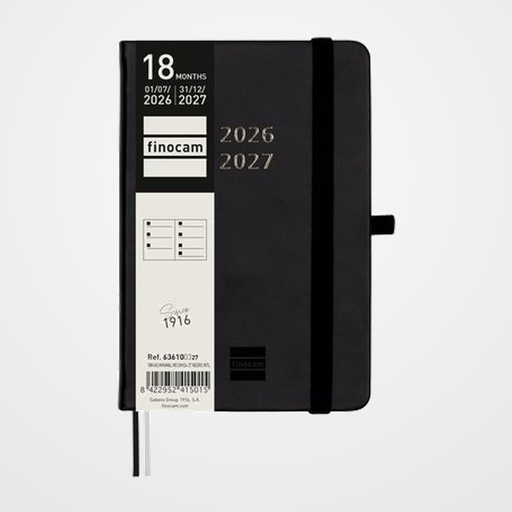 AGENDA ANUAL (2026-27) FINOCAM 18 MESES INTERNACIONAL MINIMAL COSIDA tapa EXTRADURA S/V APAIS. M3 100x150 con GOMA NEGRO