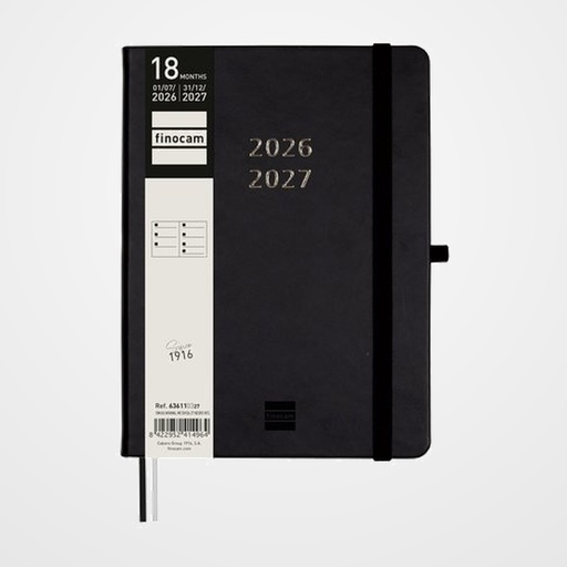 AGENDA ANUAL (2026-27) FINOCAM 18 MESES INTERNACIONAL MINIMAL COSIDA tapa EXTRADURA S/V APAIS. M5 140x190 con GOMA NEGRO