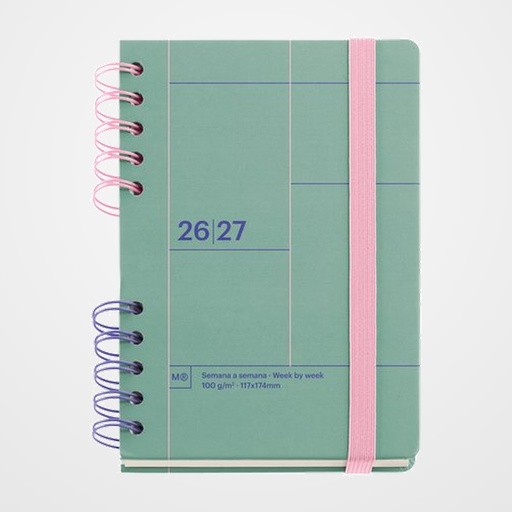 AGENDA ESCOLAR (2026-27) MIQUELRIUS BACK TO BASICS WIRE-O tapa EXTRA con GOMA ACTIVA 8º 123x178 S/V APAIS. VERDE