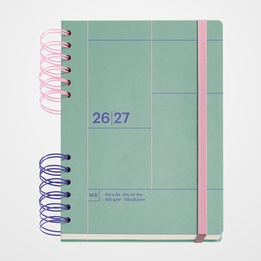 AGENDA ESCOLAR (2026-27) MIQUELRIUS BACK TO BASICS WIRE-O tapa EXTRA con GOMA PLUS 4º 160,5x218 D/P APAIS. VERDE