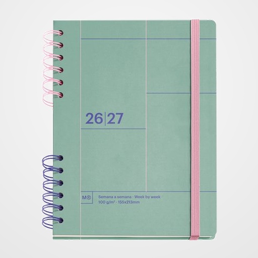 AGENDA ESCOLAR (2026-27) MIQUELRIUS BACK TO BASICS WIRE-O tapa EXTRA con GOMA PLUS 4º 160,5x218 S/V APAIS. VERDE