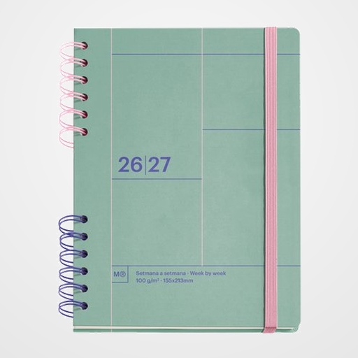 AGENDA ESCOLAR (2026-27) MIQUELRIUS CATALAN BACK TO BASICS WIRE-O tapa EXTRA con GOMA PLUS 4º 160,5x218 S/V APAIS. VERDE