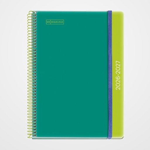 AGENDA ESCOLAR (2026-27) MIQUELRIUS COLLEGE ESPIRAL tapa PP con GOMA PLUS 4º 150x213 S/V C/GOMA DUO GREEN/LIME