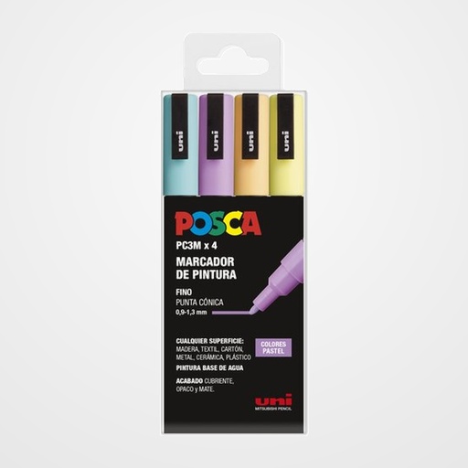 MARCADOR T.OPACA NO PERM. UNI POSCA 0.9-1.3mm (PC-3M) PASTEL ESTUCHE de 4