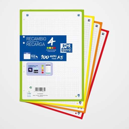 RECAMBIO OXFORD SCHOOL A5 100h 90gr 6 TALADROS CUADRIC.5x5 AZUL (4 colores vivos en banda)