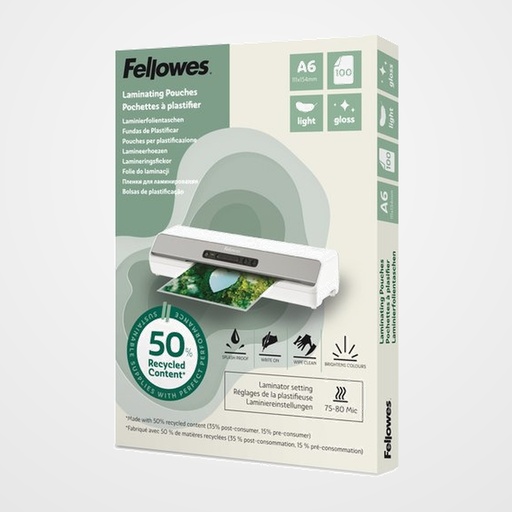 FUNDA PLASTIFICAR FELLOWES BRILLO 111x154 (A6) 80µ 50% RECICLADO PAQUETE de 100